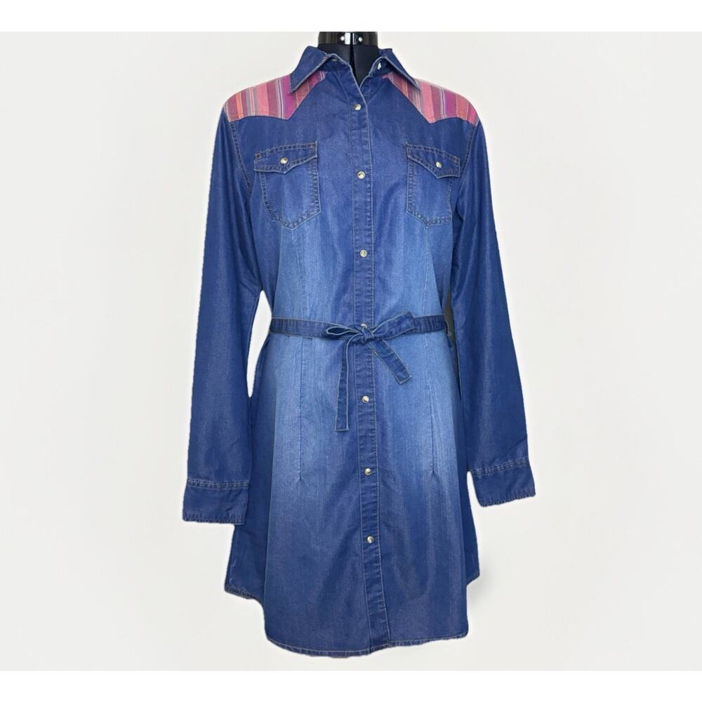 Wrangler Blue Denim Shirt Dress with Pink Striped Yoke
